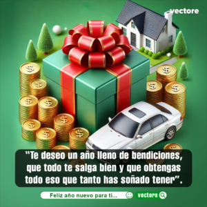 Ilustración conceptual de prosperidad que muestra una gran caja de regalo verde con lazo rojo, rodeada de columnas de monedas de oro con el símbolo de dólar, un automóvil sedán blanco y una casa familiar en miniatura con pinos en el fondo.