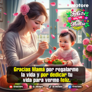 Dibujo digital realista de una madre sentada a la mesa dándole de comer verduras a su pequeña bebé en una cocina luminosa cerca de la ventana, decorado con pétalos rosas flotando y rosas en el cabello de la madre.