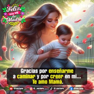 Hermoso arte digital de una madre agachada en un parque ayudando amorosamente a su bebé a dar sus primeros pasos en un sendero de piedra, iluminados por un cálido resplandor solar y rodeados de rosas.