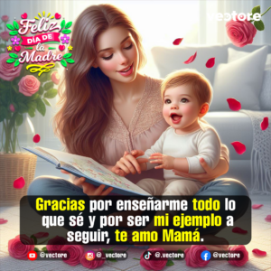 Ilustración digital de una joven madre sentada en el suelo leyendo un libro ilustrado junto a su bebé sonriente, rodeados de rosas rosadas y pétalos flotando en un ambiente hogareño cálido.