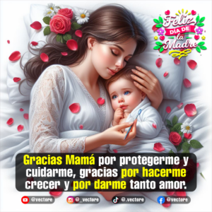 Arte digital que muestra a una amorosa madre abrazando a su bebé en la cama sobre sábanas blancas, decorado con rosas rojas, margaritas y pétalos rojos dispersos a su alrededor.