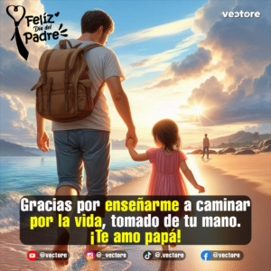 Arte digital realista de un padre con mochila caminando de la mano con su pequeña hija en una playa soleada durante el atardecer, con el mar suave y nubes iluminadas al fondo.