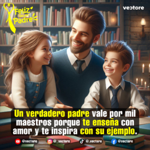 Imagen digital de un padre sonriente con corbata y suéter junto a sus dos hijos, un niño y una niña, estudiando felices frente a un escritorio de madera con libros en una biblioteca.
