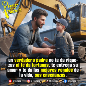 Ilustración en 3D de un padre con vestimenta de trabajo y cinturón de herramientas agachado conversando con su hijo pequeño, quien viste un overol de mezclilla y gorra, situados frente a una excavadora amarilla.