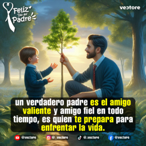 Representación digital de un padre arrodillado en un bosque luminoso enseñándole a su pequeño hijo a sostener y cuidar el tronco de un árbol joven mientras el sol brilla entre las ramas.