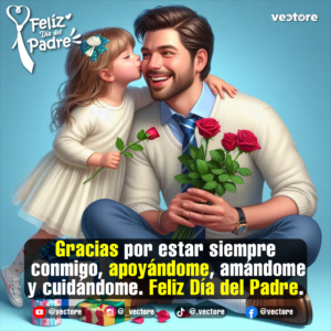 Arte digital realista de una niña con un lazo verde en el cabello dándole un tierno beso en la mejilla a su padre sonriente, quien sostiene un ramo de rosas rojas mientras está sentado en el suelo junto a cajas de regalo.