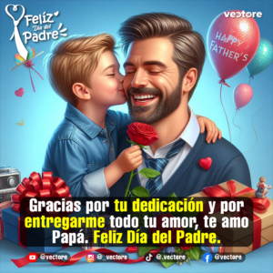 Retrato digital de un niño besando la mejilla de su padre, quien sonríe feliz sosteniendo una rosa roja, rodeados de globos festivos que dicen 'Happy Father's' y regalos envueltos con lazos rojos.
