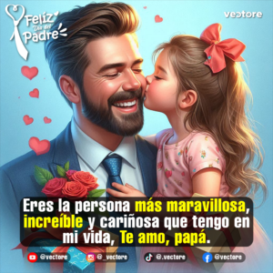 Ilustración digital de un padre sonriente con barba y traje azul recibiendo un tierno beso en la mejilla de su hija pequeña, en un fondo celeste con pequeños corazones rojos flotando.