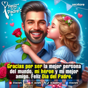 Retrato ilustrado de un padre alegre que sostiene una rosa roja mientras su hija, una niña de cabello rubio con una flor rosa en la cabeza, le da un tierno beso en la mejilla.