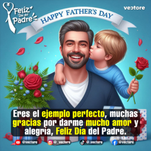 Ilustración de un niño pequeño abrazando por el cuello y besando a su padre sonriente, rodeados de cajas de regalo y un gran ramo de rosas rojas con un cartel de 'Happy Father's Day' al fondo.