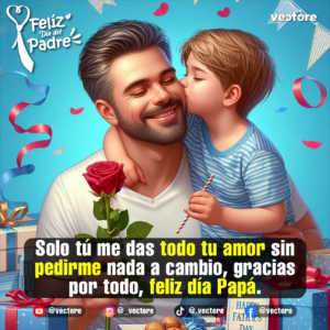 Dibujo digital de un padre con playera blanca que sonríe con los ojos cerrados mientras sostiene una rosa roja y su pequeño hijo, con una playera a rayas, le da un cariñoso beso en la mejilla.