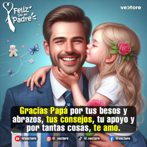 Ilustración de una niña de cabello rubio con un adorno de rosas besando la mejilla de su padre, quien viste un traje formal azul y sonríe felizmente en un fondo turquesa con mariposas.