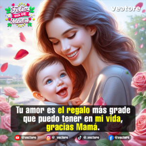 Ilustración digital luminosa de una madre abrazando a su bebé sonriente al aire libre, con un fondo de paisaje natural, flores rosas y pétalos difuminados por el sol.