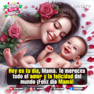 Arte digital que muestra a una madre recostada en una cama blanca sonriendo de lado hacia su bebé feliz, adornada con rosas rosadas en su cabello y un ramo a su costado.