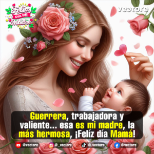 Ilustración digital de una hermosa madre de cabello castaño claro con rosas en el pelo, sonriendo con ternura mientras su bebé la mira y estira su mano hacia un pétalo rosa con forma de corazón.