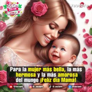 Arte digital de una madre sonriente abrazando cariñosamente a su bebé de ojos azules en un entorno luminoso decorado con rosas rosadas y pétalos flotantes.