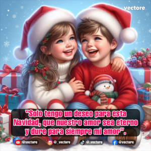Imagen de estilo realista digital que muestra a una niña y un niño sonrientes con gorros de Navidad en la nieve; el niño sostiene un pequeño muñeco de nieve de felpa.