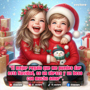 Arte digital detallado de dos niños riendo alegremente con suéteres rojos de invierno y un gorro navideño, rodeados de regalos bajo una suave caída de nieve.