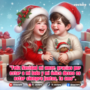 Arte digital de una niña y un niño sonriendo alegremente bajo la nieve con gorros de Santa Claus; el niño sostiene un osito de peluche con bufanda.