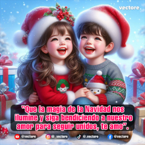 Ilustración detallada de dos niños con gorros navideños riendo felices en un paisaje invernal con nieve, rodeados de regalos envueltos con lazos rojos.