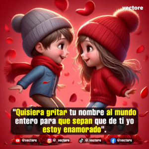 Dibujo animado de estilo chibi con dos niños con gorros de invierno saltando alegremente en el aire sobre un fondo rojo vibrante lleno de pétalos de rosa y corazones flotantes.