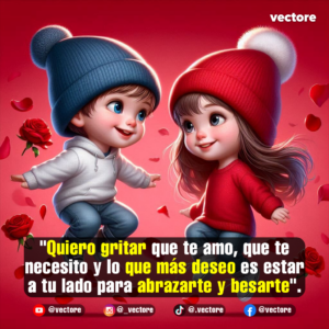 Arte romántico digital de un niño chibi con gorro azul y sudadera blanca saltando junto a una niña chibi con gorro y suéter rojo en un fondo carmesí con rosas y pétalos volando.