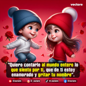 Ilustración de una pareja infantil chibi con gorros tejidos saltando con felicidad en un fondo rojo pasional decorado con rosas rojas en la base y corazones en el aire.