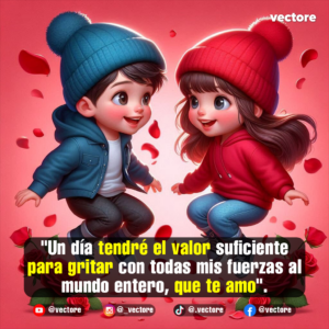Dibujo digital de dos niños pequeños con sudaderas y gorros de invierno (uno azul y una roja) saltando felizmente de frente, rodeados de pétalos flotantes y un jardín de rosas abajo.