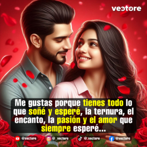 Pareja joven sonriendo con felicidad mientras se abrazan con ternura. El hombre con barba viste una camisa verde claro y la mujer una blusa rosa, rodeados de rosas rojas en la base y una atmósfera romántica llena de pétalos de rosa flotando en el aire.