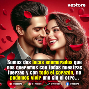 Ilustración romántica de una pareja joven abrazada y sonriendo con felicidad, con pétalos de rosa rojos flotando a su alrededor sobre un fondo rojo. El hombre lleva un traje oscuro y una camisa blanca, mientras que la mujer tiene el cabello largo y ondulado.