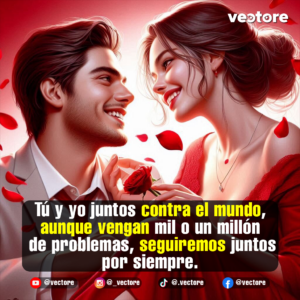 Dibujo digital de una pareja enamorada mirándose a los ojos con ternura bajo una luz brillante. El hombre sonríe vistiendo un traje gris claro y la mujer, con el cabello recogido en un moño suelto y un vestido rojo, sostiene una rosa roja entre sus manos mientras caen pétalos a su alrededor.