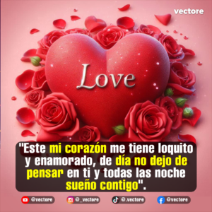 Ilustración digital que destaca un gran corazón rojo brillante con la palabra "Love" en letras plateadas metálicas, rodeado por una corona de rosas rojas y pétalos esparcidos sobre un fondo rosa pastel.