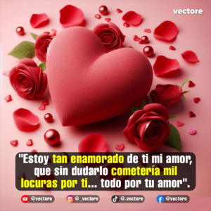 Gráfico romántico en 3D de un gran corazón rosado texturizado rodeado de rosas rojas con hojas verdes, cuentas esfericas rojas relucientes y pequeños corazones decorativos sobre una superficie rosa.