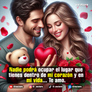 Arte digital de una pareja sonriente sosteniendo juntos un corazón rojo brillante. El hombre sostiene un pequeño osito de peluche con lazo rojo y la mujer lleva un vestido rojo junto a un ramo de rosas rojas, con pétalos flotando sobre un fondo claro.