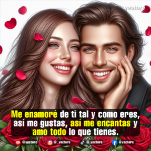 Ilustración digital de una pareja joven sonriendo felizmente con los rostros muy juntos. La mujer tiene el cabello largo y castaño, y el hombre sostiene su rostro con una mano. Están rodeados de rosas rojas en la base y pétalos flotando sobre un fondo blanco.
