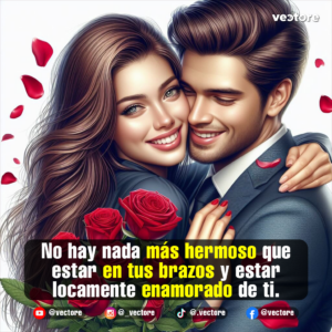 Dibujo romántico de una pareja abrazada con ternura. El hombre viste un traje elegante con corbata y abraza a la mujer por la espalda, mientras ella sonríe sosteniendo un ramo de rosas rojas con hojas verdes y pétalos cayendo a su alrededor.