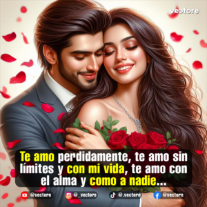Arte digital de una pareja enamorada abrazándose con los ojos cerrados en un momento de paz. El hombre lleva un traje gris y abraza a la mujer, quien sostiene un gran ramo de rosas rojas naturales, rodeados de pétalos de rosa flotando en el aire.