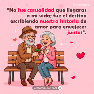 Dibujo de un anciano sonriente entregando una rosa a su esposa sentados en una banca bajo un fondo rosa con corazones. Tarjeta de amor eterno con frases de no fue casualidad que llegaras a mi vida.