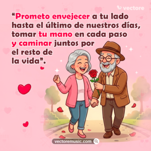 Pareja de la tercera edad caminando de la mano con alegría por un sendero iluminado mientras el anciano sostiene una rosa roja. Ilustración para aniversario con frase prometo envejecer a tu lado.