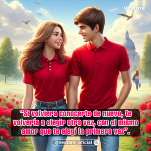 Ilustración romántica en 3D de una pareja de jóvenes sonriéndose mutuamente mientras caminan por un sendero rodeado de un campo de rosas rojas bajo un cielo con nubes y aves.