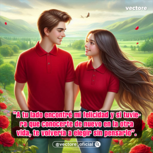 Arte digital en 3D de un joven y una joven con camisas polo de color rojo mirándose fijamente con ternura en un amplio paisaje verde de colinas y campos florecidos.