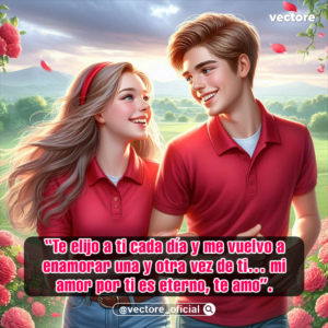 Dibujo digital en 3D de una pareja joven sonriente con ropa roja caminando juntos y tomados de la mano, en un jardín lleno de arbustos de rosas rosadas durante el atardecer.