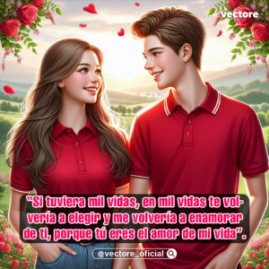Ilustración en 3D de un chico y una chica con polos rojos mirándose con amor en un entorno natural; la escena está decorada con enredaderas de rosas rojas en la parte superior y pétalos cayendo.