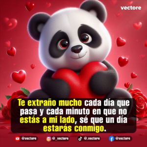 Ilustración digital en 3D de un oso panda sonriente abrazando un gran corazón rojo, con un fondo degradado decorado con pequeños corazones flotantes y rosas en las esquinas.