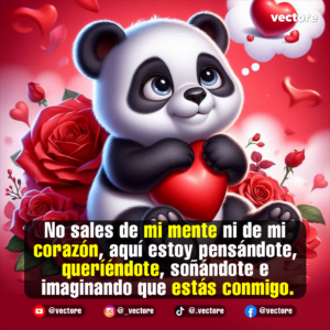 Arte digital de un osito panda con expresión tierna sosteniendo un corazón rojo, con una nube de pensamiento que muestra un corazón y un fondo decorado con rosas rojas.