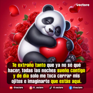 Ilustración digital en 3D de un adorable oso panda que duerme plácidamente abrazando un gran corazón rojo, rodeado por un fondo lleno de rosas rojas y pequeños corazones flotantes.