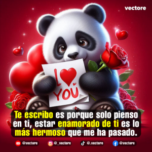 Arte digital de un tierno oso panda de peluche sentado que sostiene una nota con el texto "I ❤️ You" y una rosa roja, decorado con corazones brillantes de fondo y un ramo de rosas.