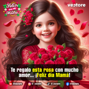 Dibujo digital de una niña sonriente de cabello largo y oscuro que sostiene un gran ramo de rosas rojas, con pequeñas flores decorativas en el cabello sobre un fondo cálido.