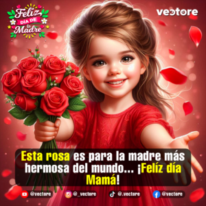 Ilustración digital de una adorable niña vestida de rojo que sonríe mientras estira su brazo para ofrecer un hermoso ramo de rosas rojas con destellos brillantes.