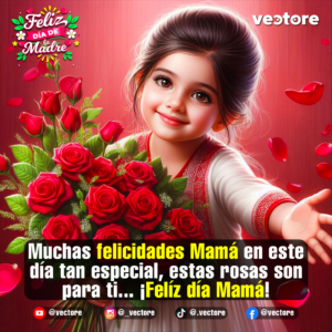 Arte digital de una pequeña niña sonriente con un vestido blanco y rojo, sosteniendo un gran ramo de rosas rojas brillantes con hojas verdes sobre un fondo carmesí.